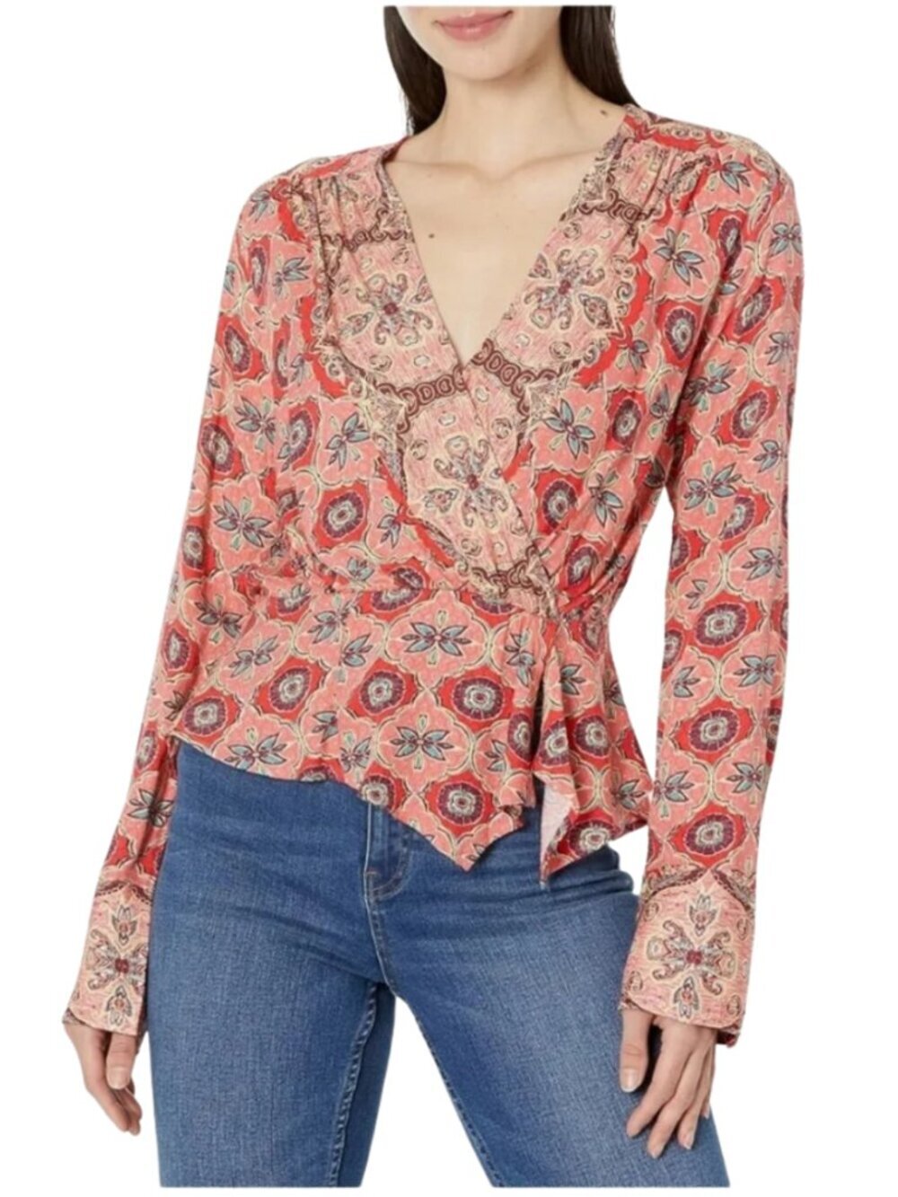NEW Free People Falling For You Long Sleeve Surplice Top in Hibiscus Combo Sz. L